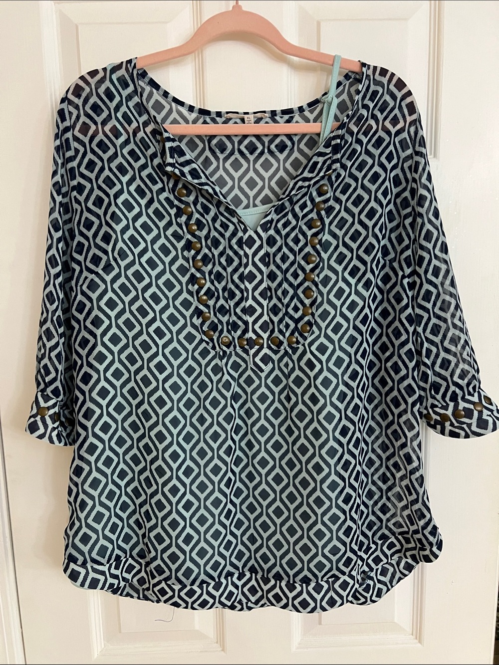 41 Hawthorn Geometric Tunic Top in Light Blue and Navy
